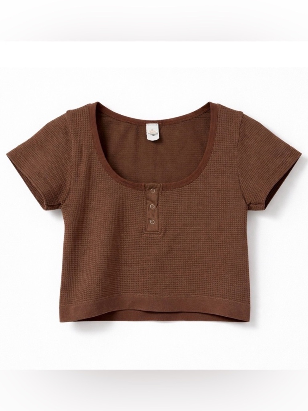 Colsie Brown Waffle Knit Cropped Henley Scoop Neck Top Size Large